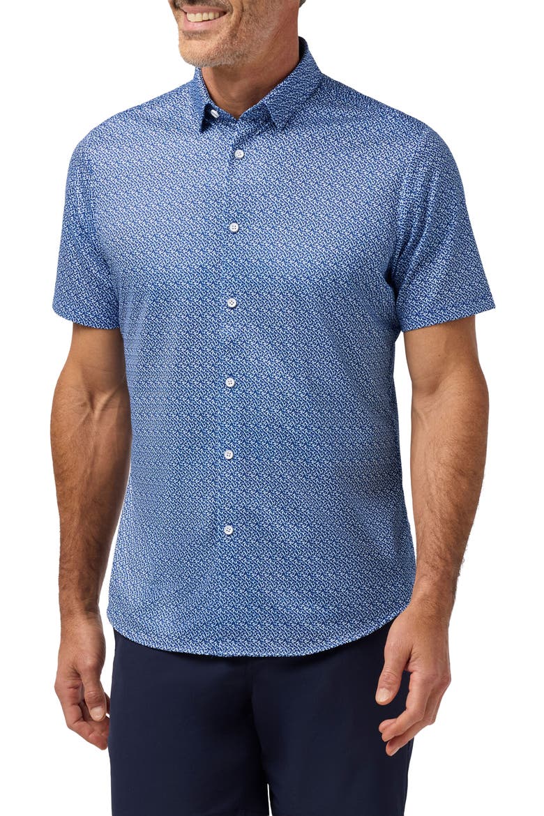 Halyard Trim Fit Boomerang Print Short Sleeve Performance Button-Up Shirt, Main, color, COBALT RETRO BOOMERANG
