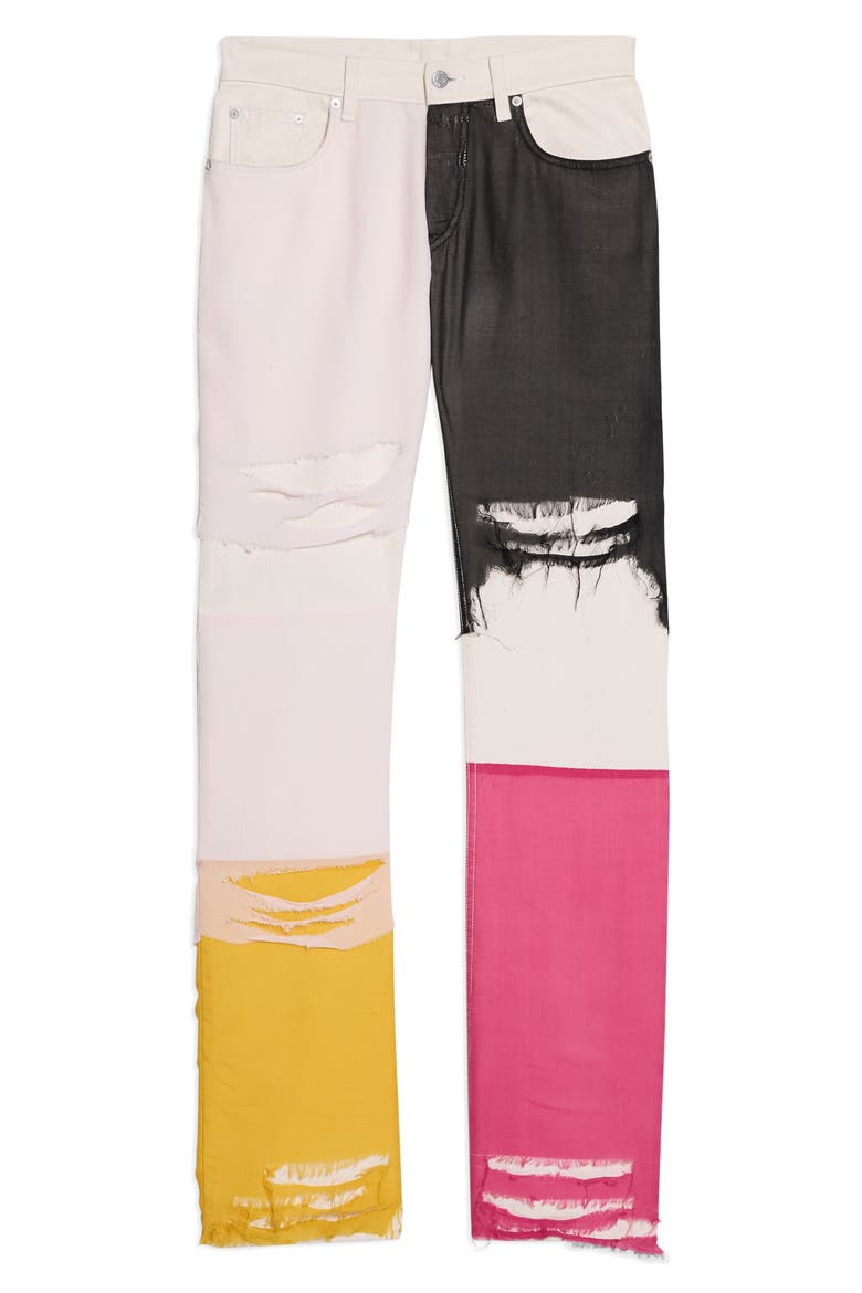 Helmut Lang Colorblock Distressed Silk Chiffon Panel Straight Leg Jeans ...