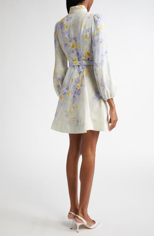 Shop Zimmermann Floral Print Belted Linen Minidress In Lilac Floral