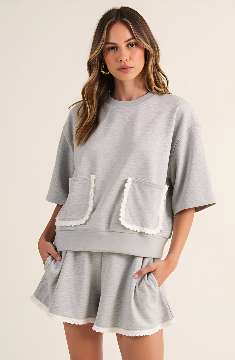 Modenaire Lace Trim French Terry Top and Shorts Lounge Set, Main, color,