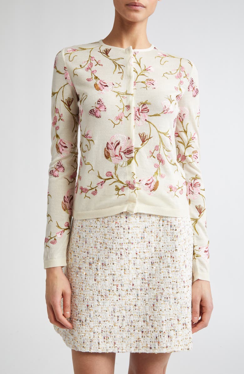 Giambattista Valli Rose Embroidered Cashmere & Silk Cardigan, Main, color, Ivory