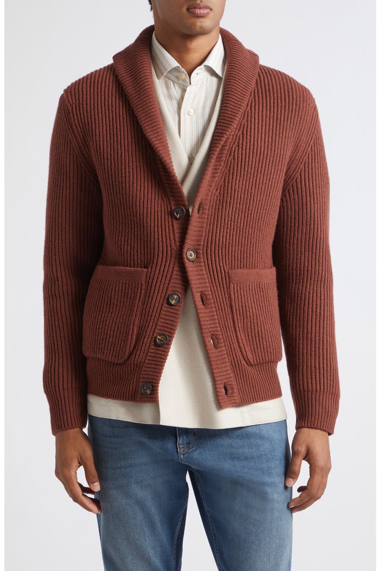 Rib Shawl Collar Wool Cardigan, Main, color, AMBER