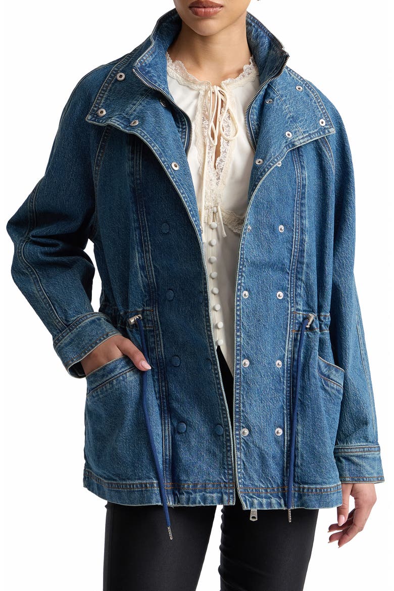 Double Breasted Stretch Denim Jacket with Bib Inset, Main, color, DUSTY BLUE WASH