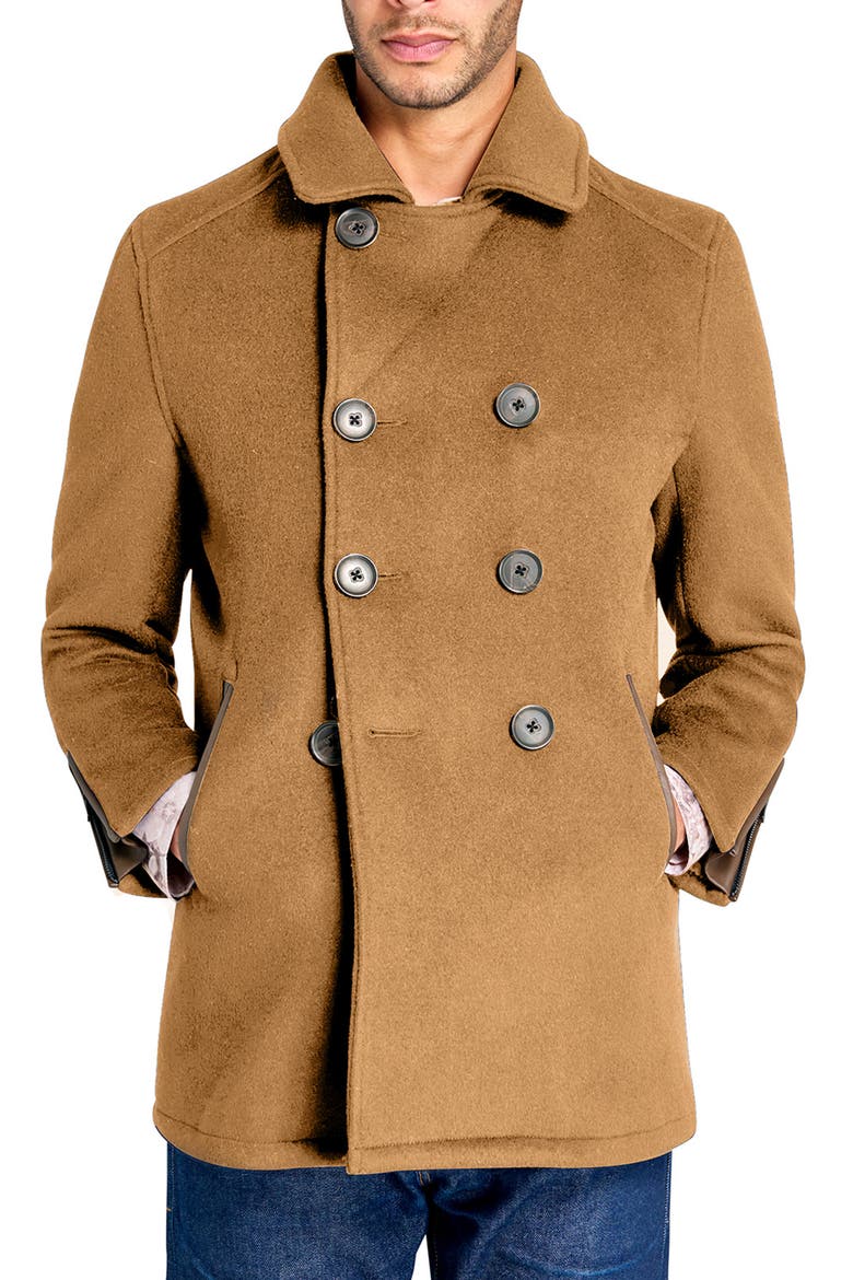 Tan Wool Double Breasted Peacoat, Alternate, color, CAMEL