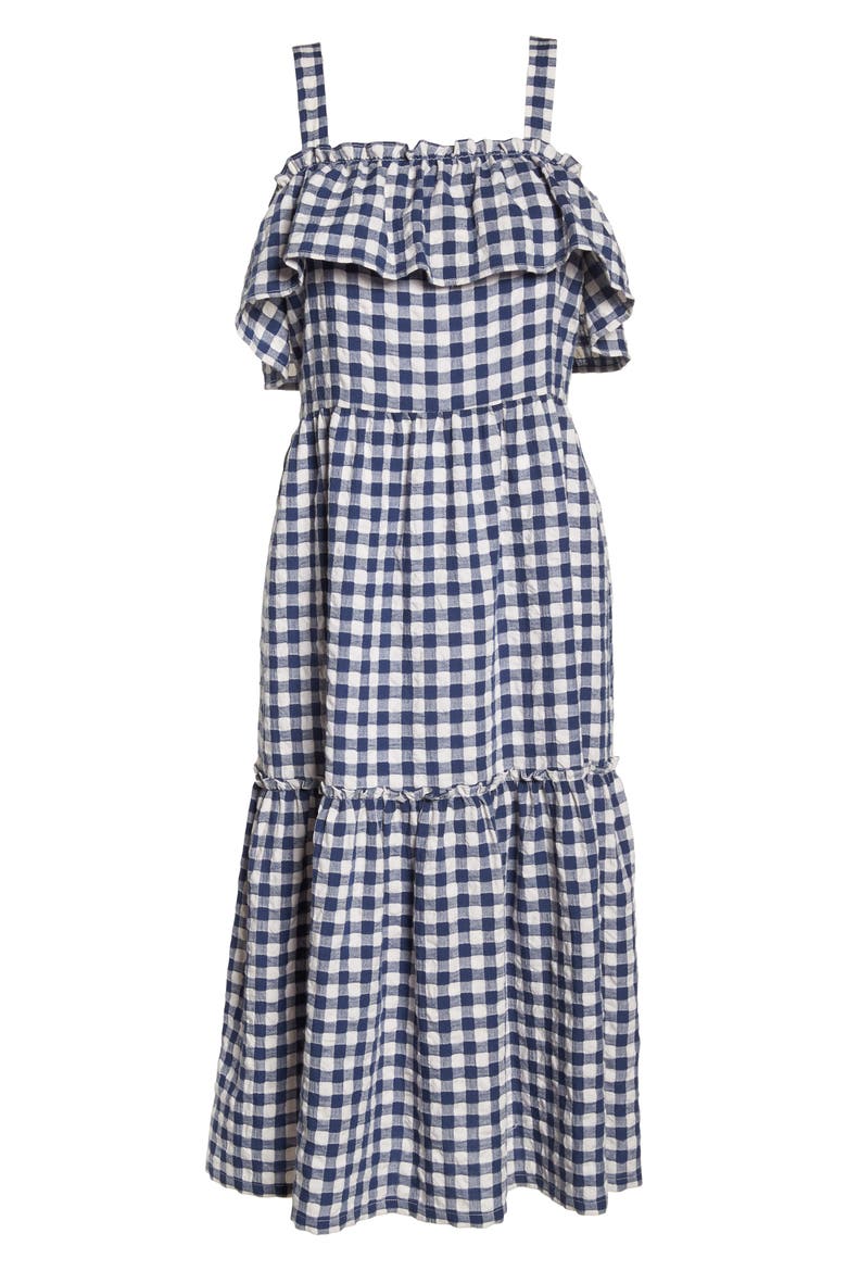 Tiered Gingham Midi Dress, Alternate, color, NAVY