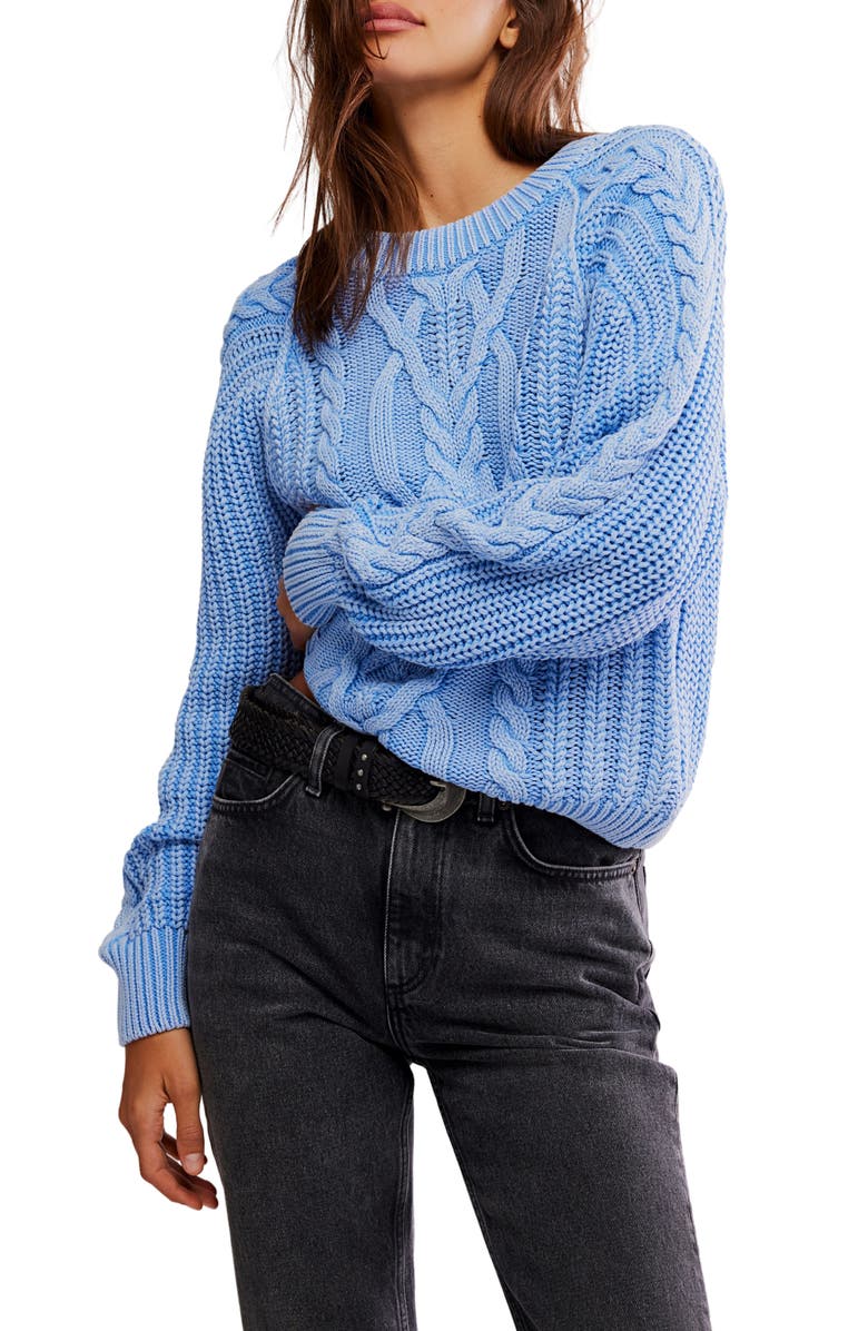 Free People Frankie Cable Cotton Sweater, Main, color, Della Robbia Blue