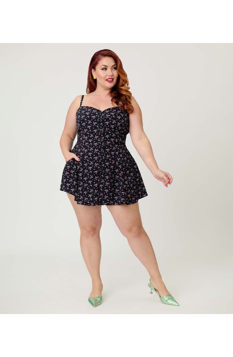Unique Vintage Plus Size 1940s Sweetheart Skirted Romper, Main, color, Black Ditzy Floral