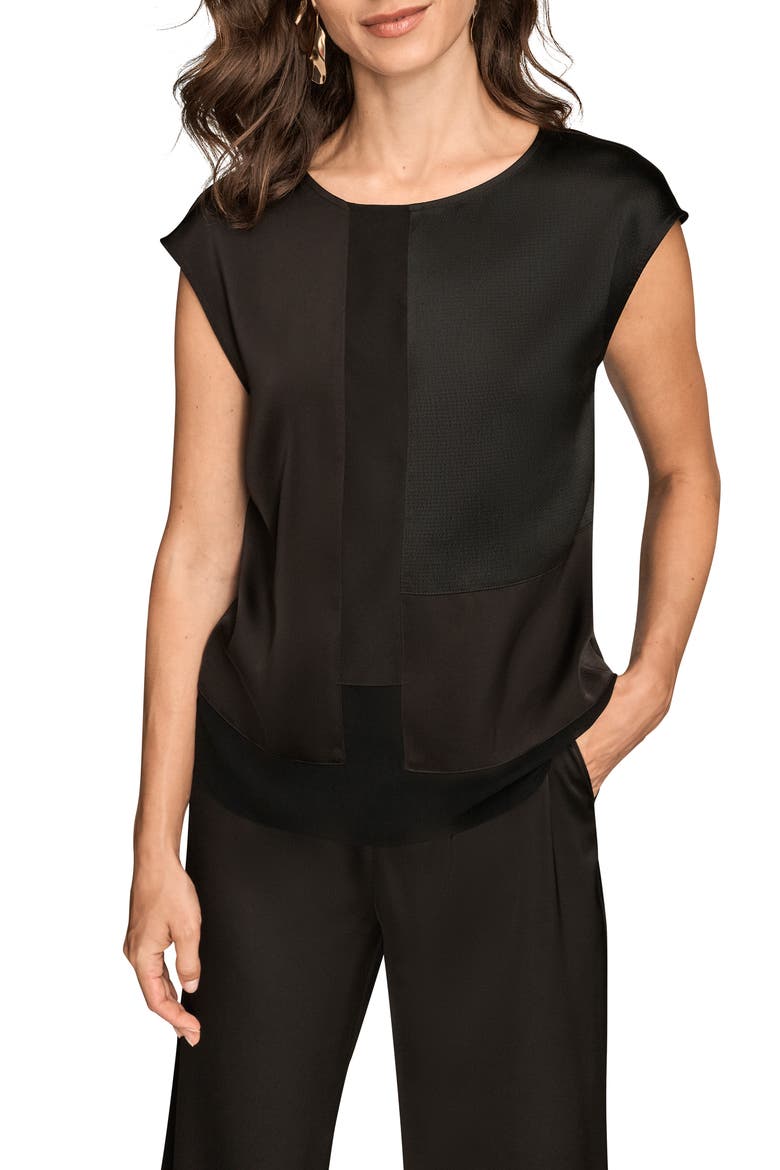 Mixed Media Cap Sleeve Top, Main, color, BLACK