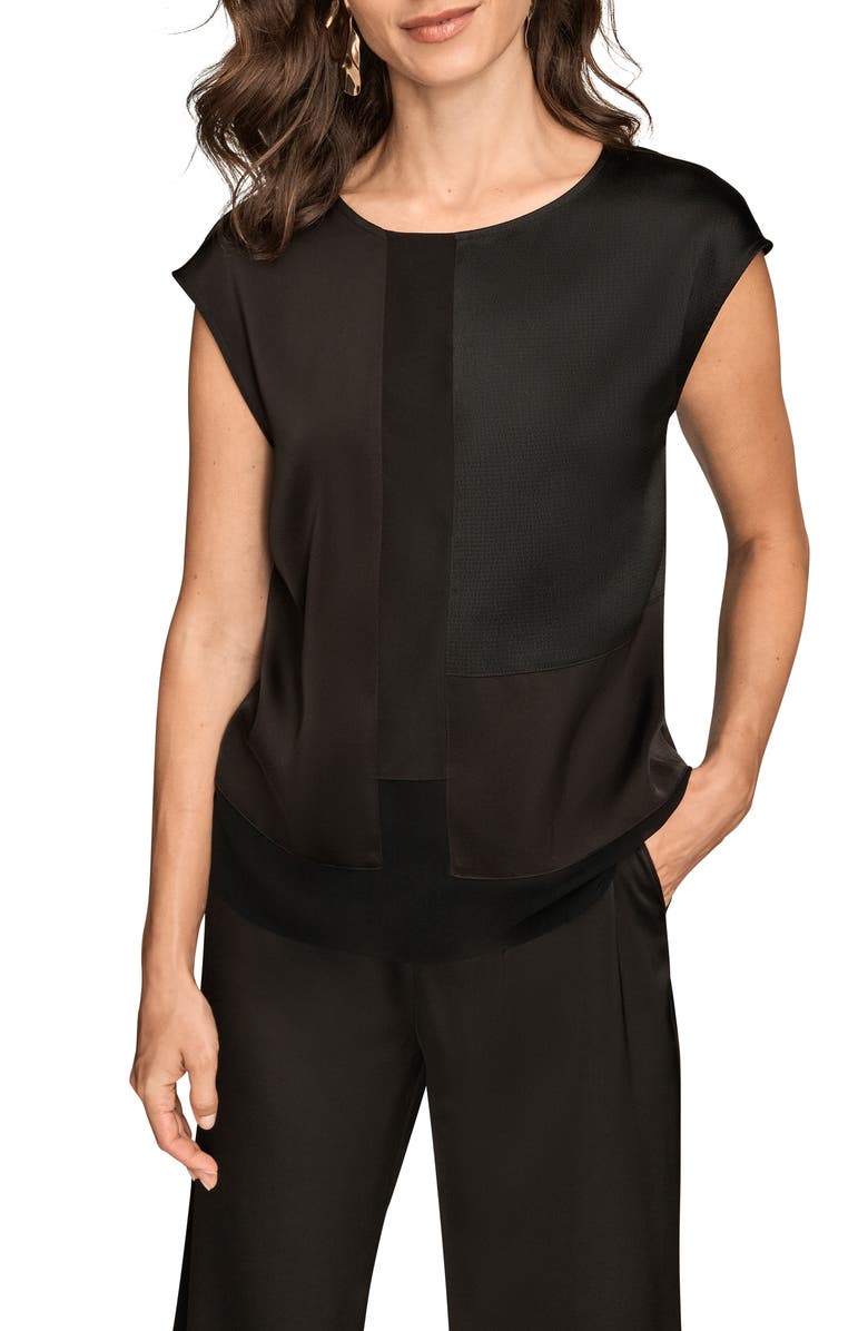 Donna Karan New York Mixed Media Cap Sleeve Top, Main, color, Black