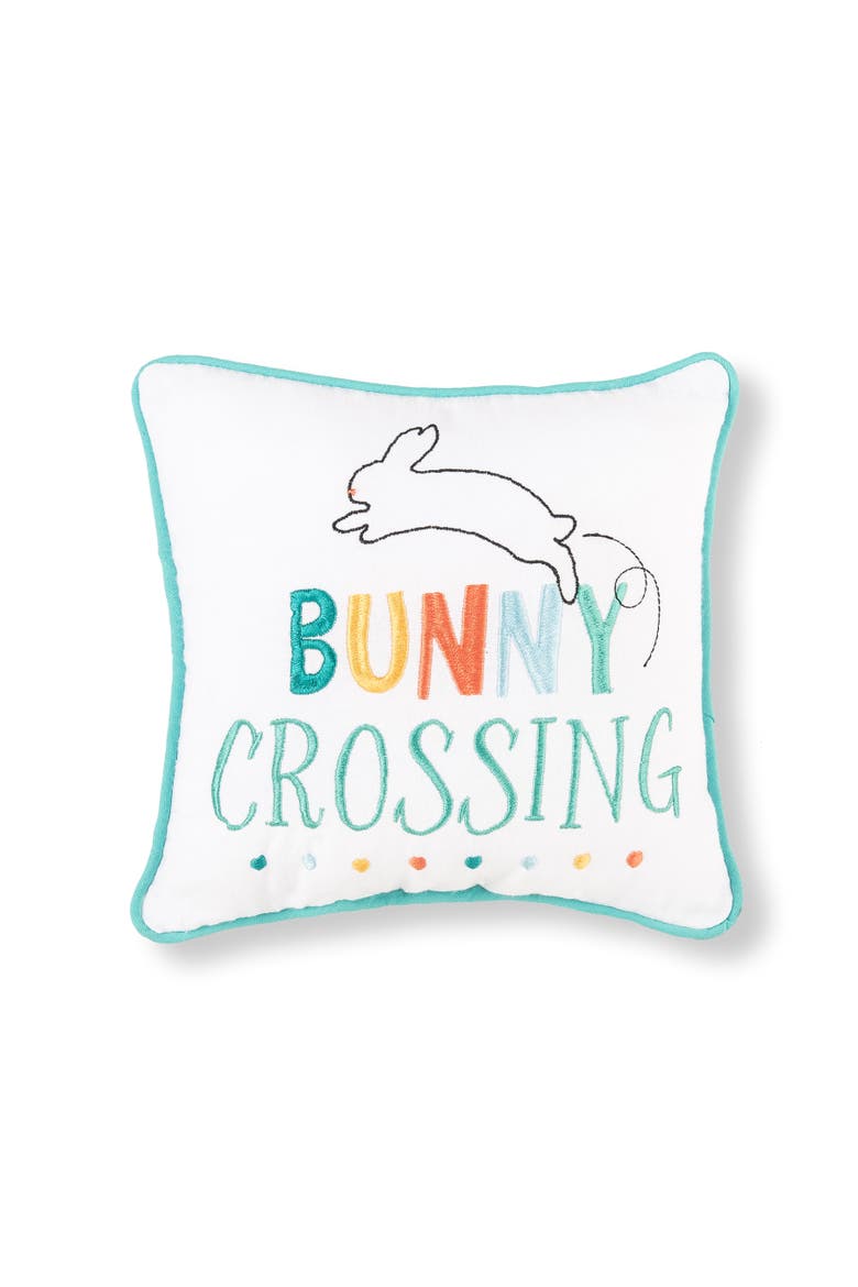 "Bunny Crossing" Easter Cotton Blend Embroidered Mini Accent Pillow 10" x 10", Main, color, White