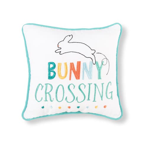 "Bunny Crossing" Easter Cotton Blend Embroidered Mini Accent Pillow 10" x 10"
