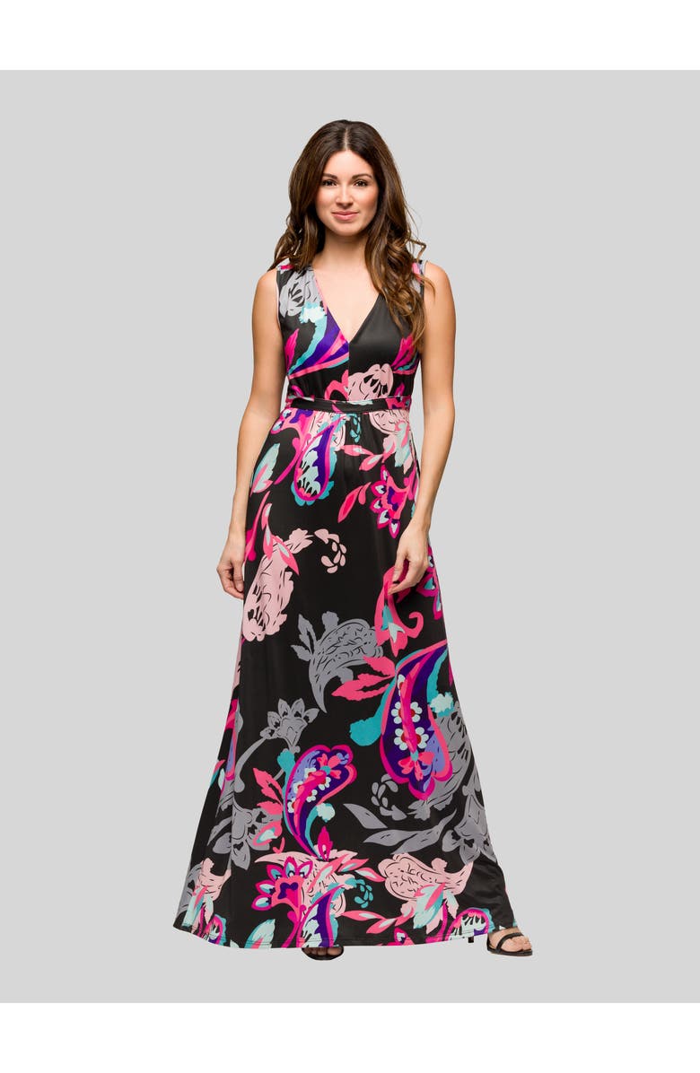24seven Comfort Apparel Black and Pink Print V-Neck Empire Waist Sleeveless Maxi Dress, Main, color, Black Multi