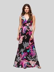 24seven Comfort Apparel Black and Pink Print V-Neck Empire Waist Sleeveless Maxi Dress