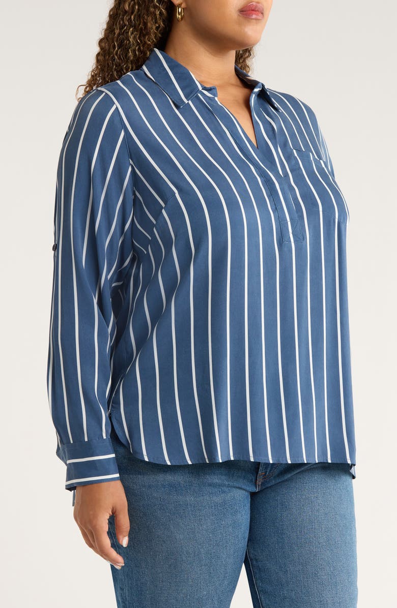 Universal Standard Button Back Stripe Johnny Collar Popover Shirt, Alternate, color, Ensign Blue Stripe