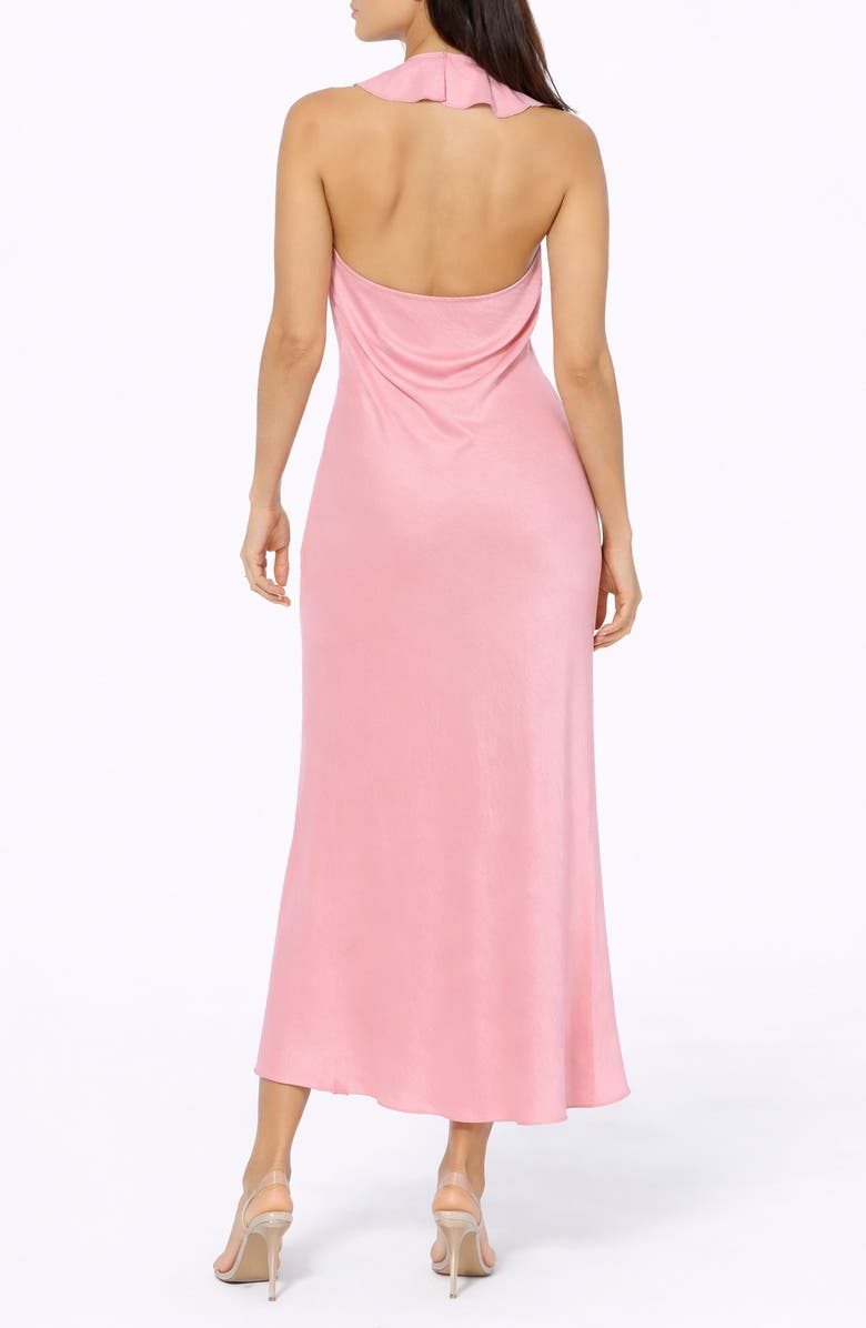 bebe Crushed Satin Ruffle Halter Dress, Alternate, color, Rose