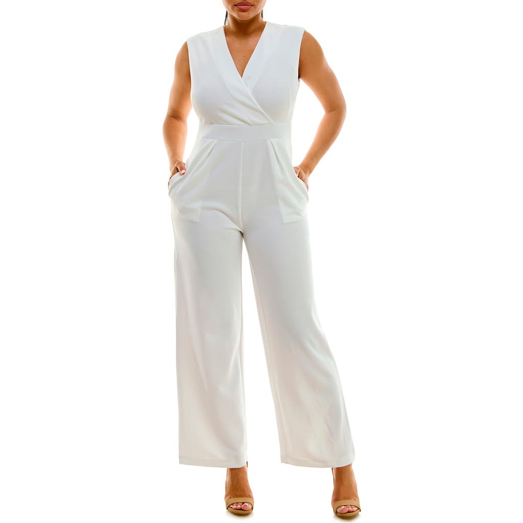 Nina Leonard Surplice V-neck Wide Leg Jumpsuit In Ivory
