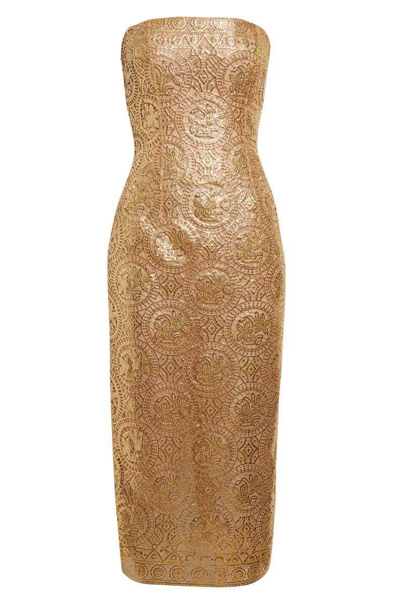 Emilia Wickstead Leila Metallic Guipure Lace Strapless Cocktail Dress, Alternate, color, Gold