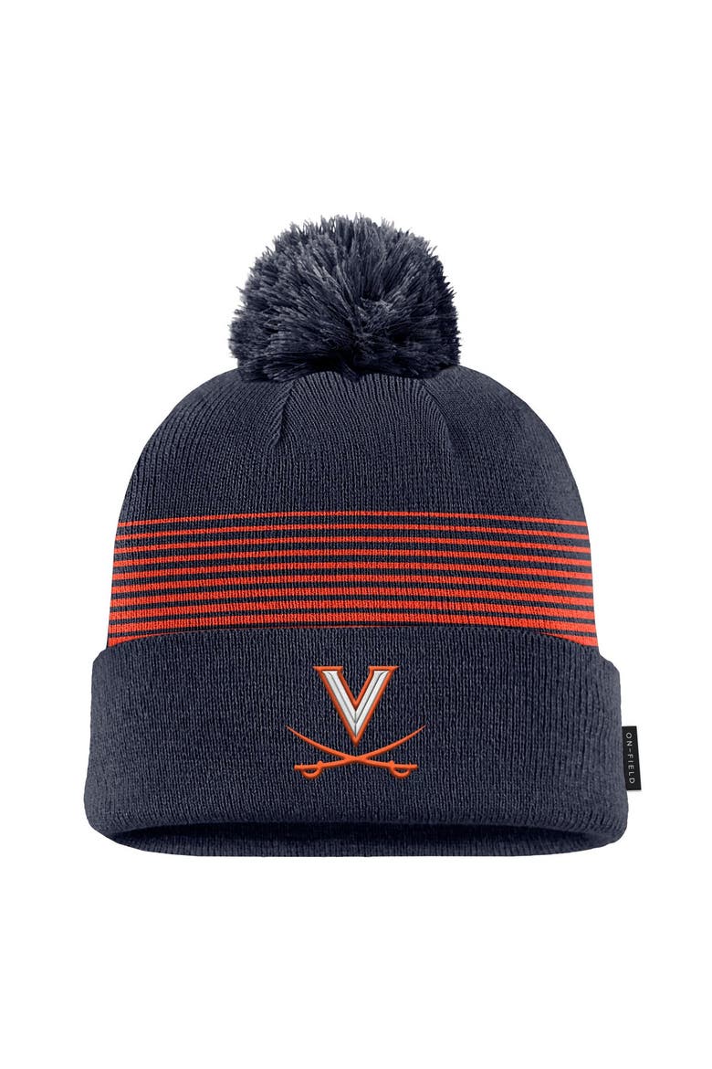Men's Nike Navy Virginia Cavaliers 2026 On-Field Peak Cuffed Knit Hat with Pom, Main, color, Navy