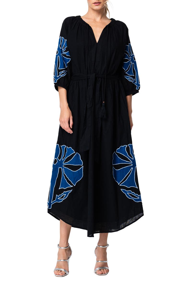 Tiana Embroidered Cotton Midi Dress, Main, color, NAVY/ BLACK