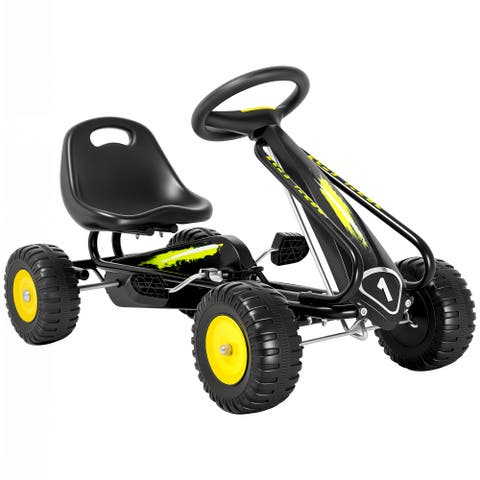 Kids Pedal Go Kart, Adjustable Seat, Steering Wheel, Backrest, Outdoor Racer, Black