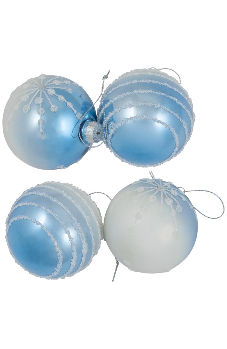 North Star Stripes and Snowflakes Shiny Glass Ball Christmas Ornaments - 3" (80mm) - Blue and White - 4ct, Alternate, color, Blue