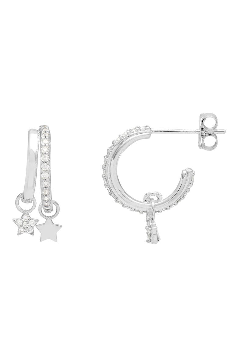 Duo Pavé Star Hoop Earrings, Main, color, SILVER