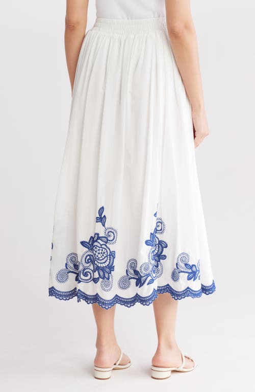 Forgotten Grace Embroidered Midi Skirt In White/blue