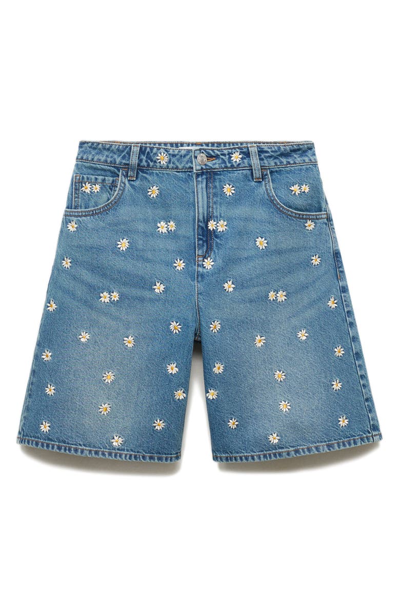 MANGO Floral Embroidered High Waist Denim Bermuda Shorts, Main, color, Medium Blue