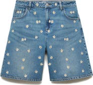 MANGO Floral Embroidered High Waist Denim Bermuda Shorts