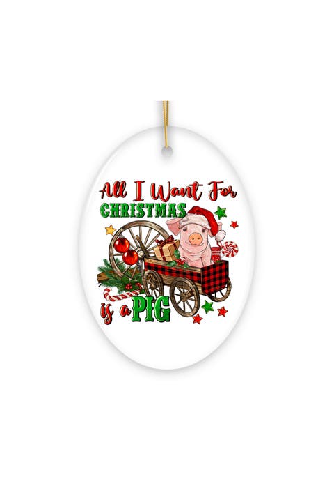 Christmas Pig Wagon Oval Ceramic Ornament