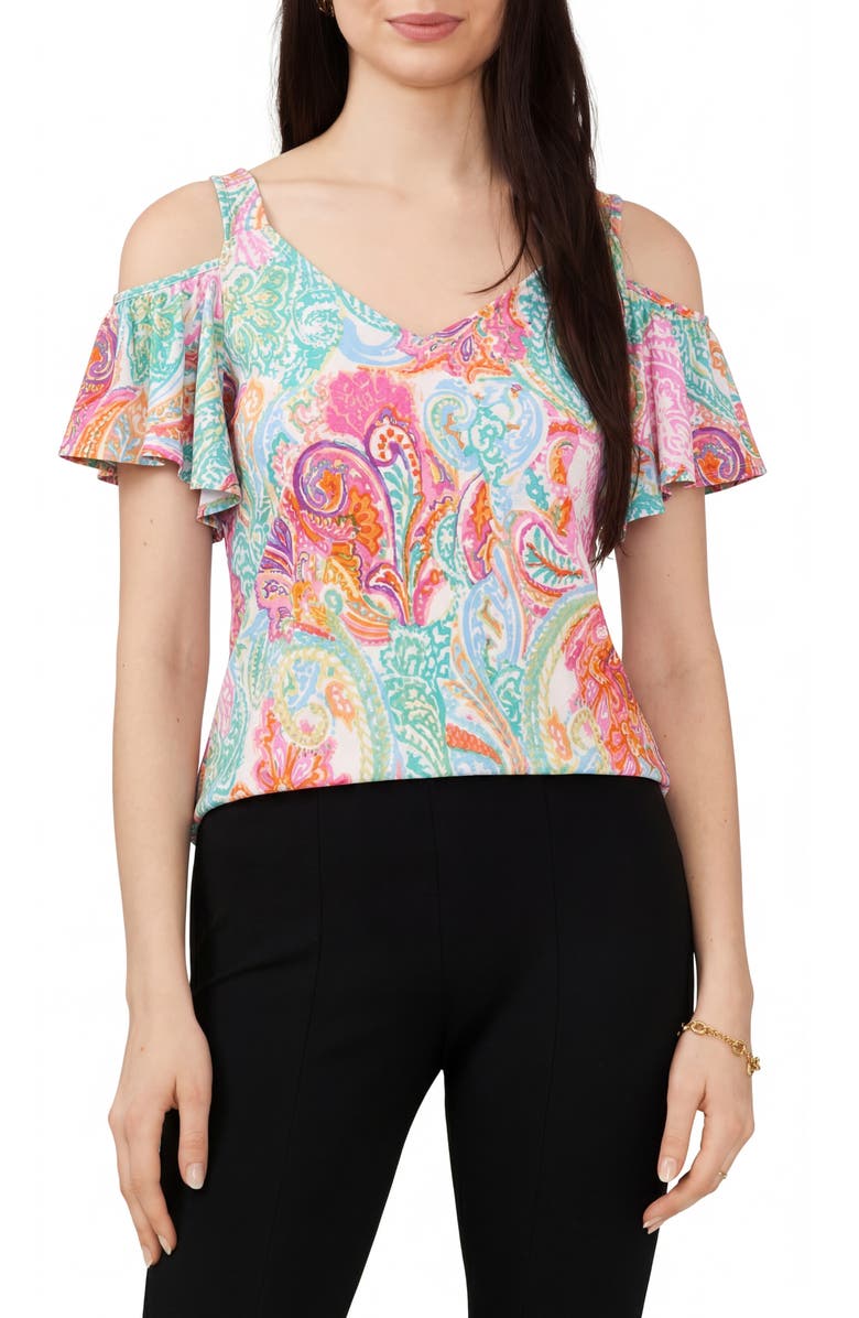 Chaus Print Cold Shoulder Top, Main, color, Aqua/ Pink/ Multi