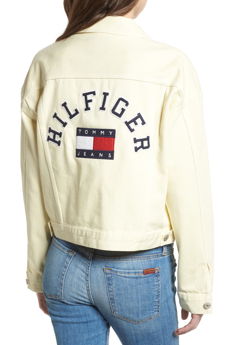 '90s Girlfriend Trucker Jacket, Alternate, color, LEMON MERINGUE