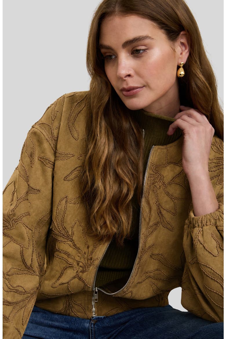 Floral Embroidered Faux Leather Bomber Jacket, Alternate, color, BROWN