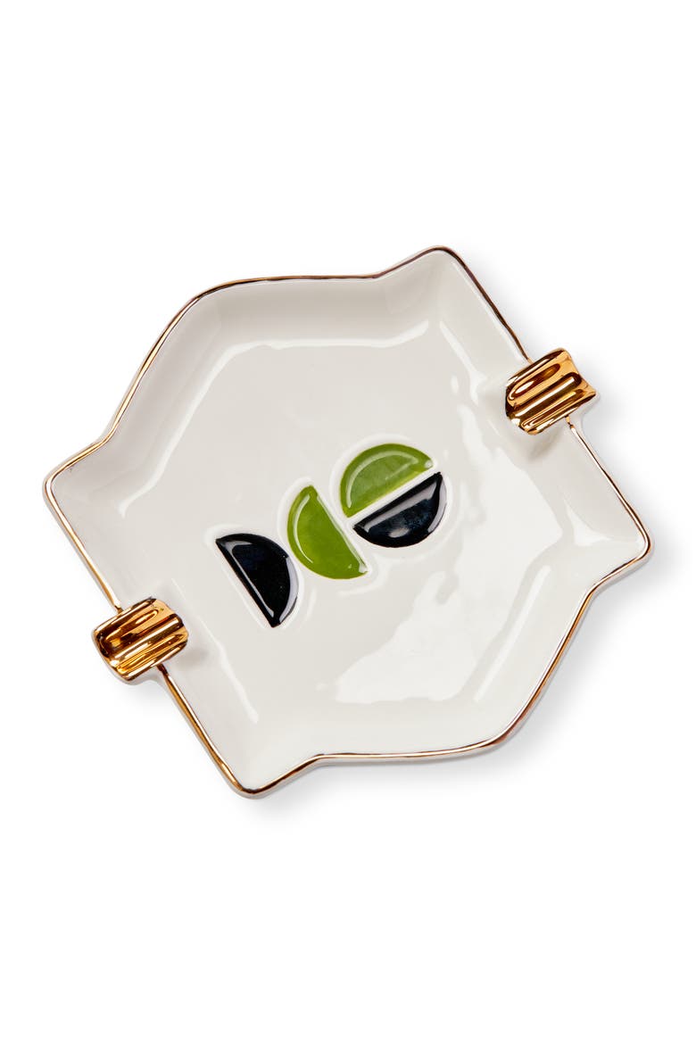 Knoll Ashtray Catchall Dish Decorative Box White Multi Earthenware 5.45x5.25x0.5 in, Main, color, White