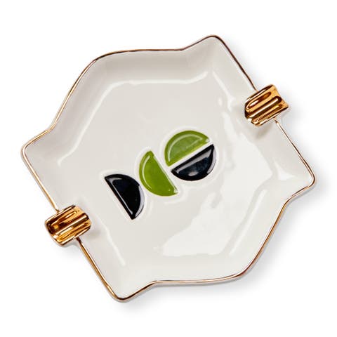 Knoll Ashtray Catchall Dish Decorative Box White Multi Earthenware 5.45x5.25x0.5 in