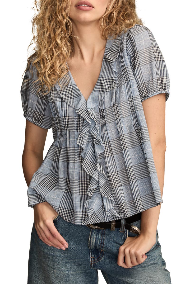 Lucky Brand Prince of Wales Pintuck Top, Main, color, Blue Plaid