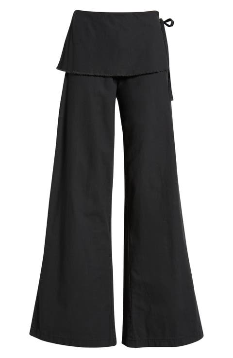 Skirted Cotton & Linen Flare Leg Pants