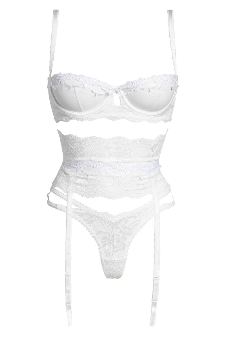 Underwire Demi Bra, Thong & Garter Belt Set, Alternate, color, WHISPER WHITE