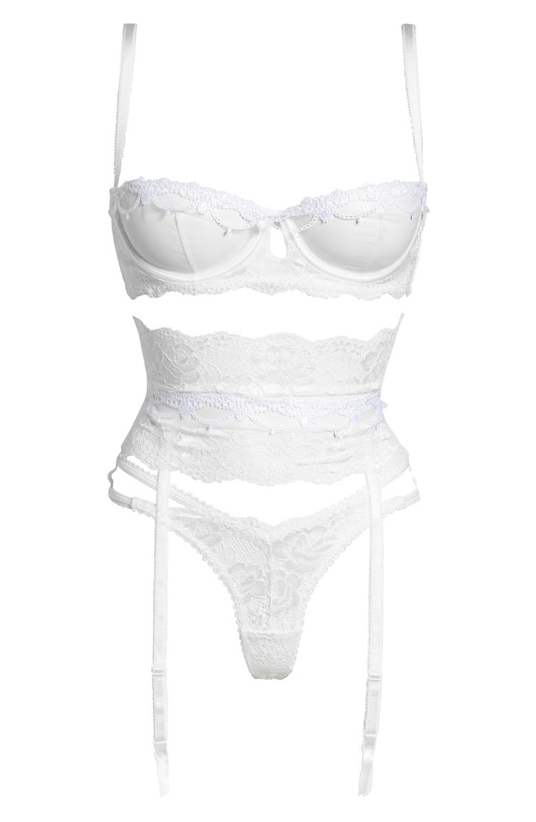 Oh La La Cheri Underwire Demi Bra, Thong & Garter Belt Set, Alternate, color, 