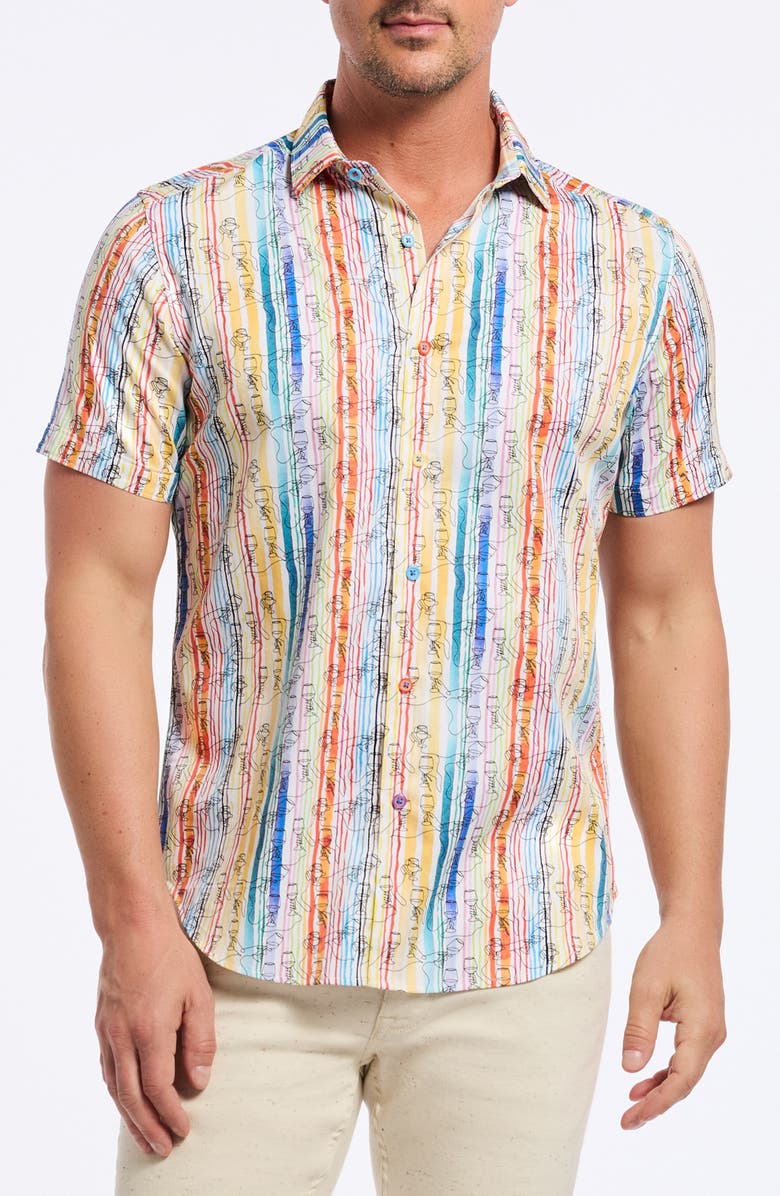 Robert Graham Short Sleeve Stretch Cotton Button-Up Shirt, Main, color, White Multi