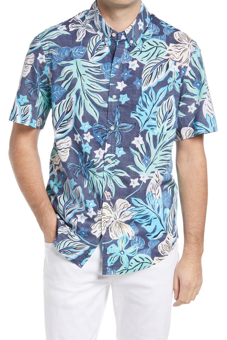 Waimea Canyon Tailored Fit Short Sleeve Button-Down Shirt, Main, color, DRESS BLUES
