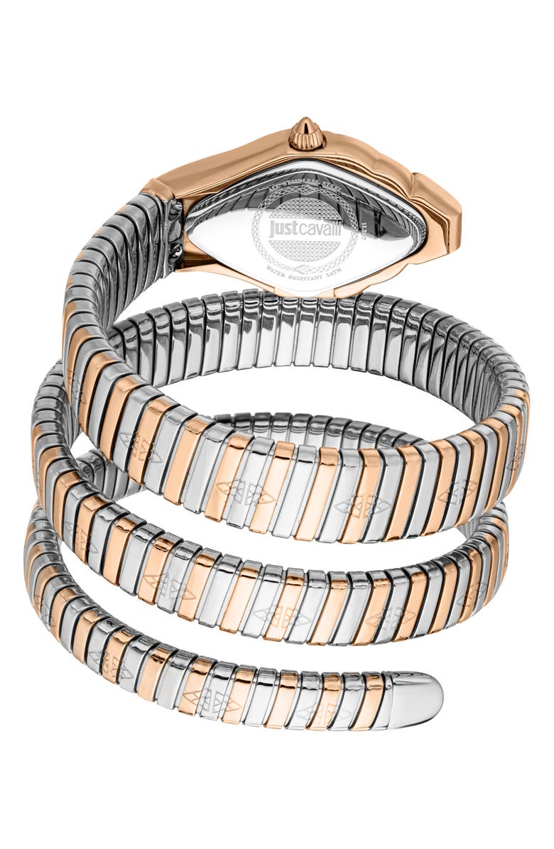 Just Cavalli Two Tone Coiled Snake Bracelet Watch, 22mm x 36.5mm, Alternate, color, Silver/ Rose Gold