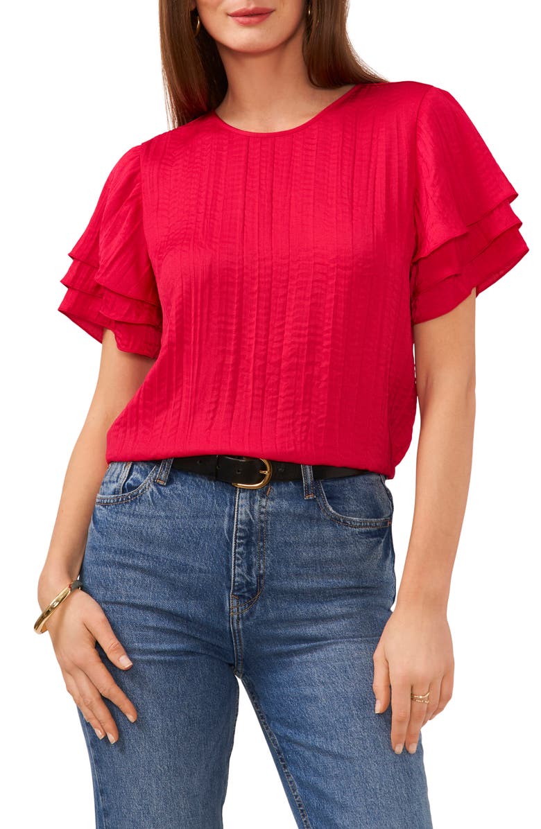 Vince Camuto Layered Flutter Sleeve Rumple Satin Top, Main, color, 
