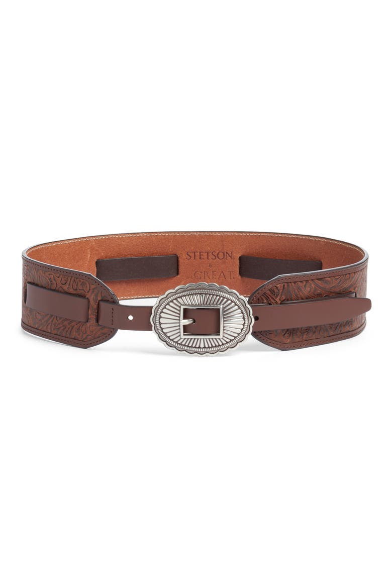 & Stetson Tooled Leather Belt, Main, color, BROWN WITH SILVER
