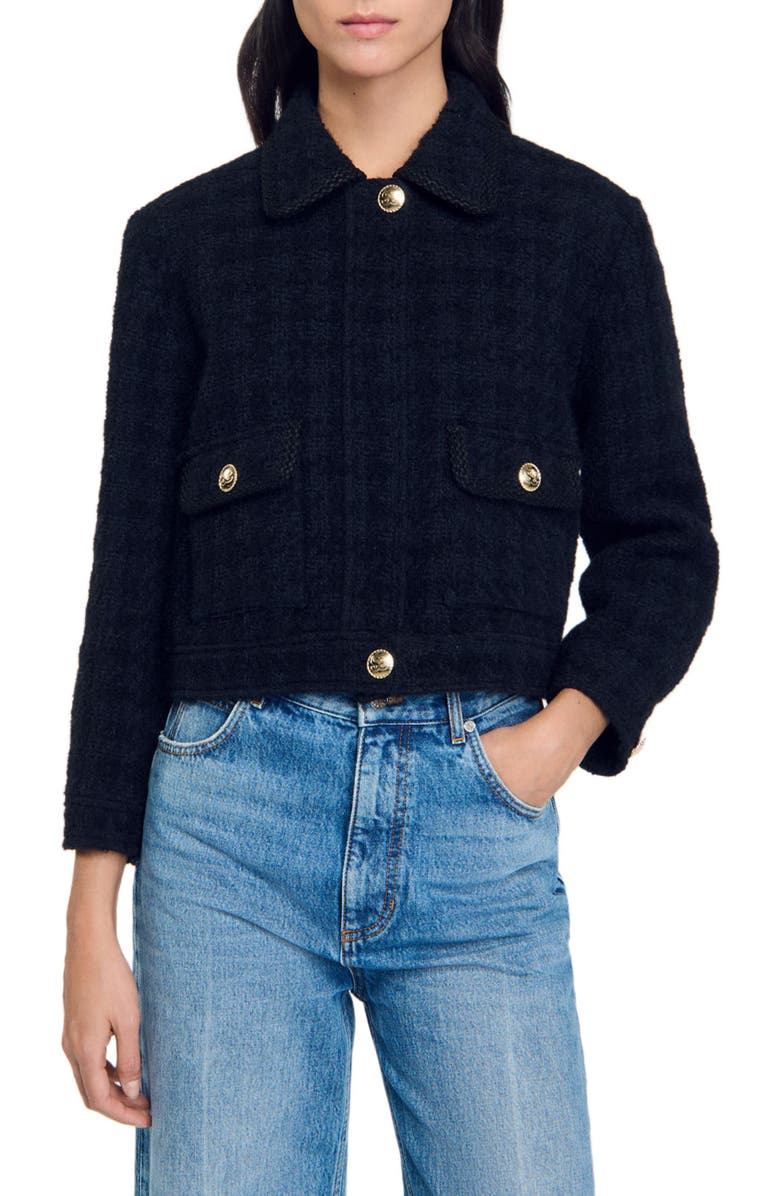 SANDRO Cropped tweed jacket, Main, color,