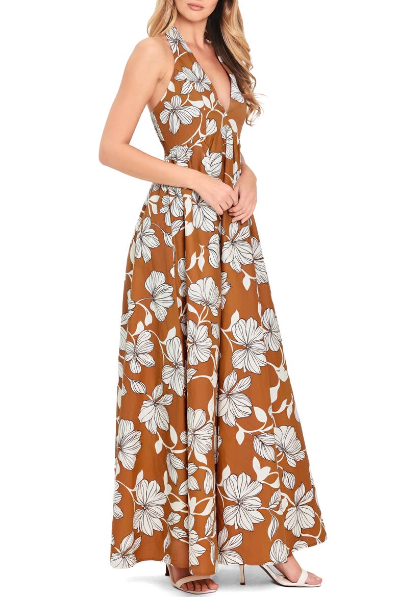 Floral Print Halter Midi Dress, Alternate, color, CAMEL