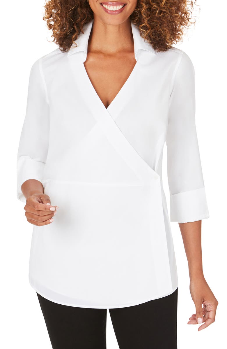 Foxcroft Solista Wrap Front Stretch Cotton Blend Blouse, Main, color, 