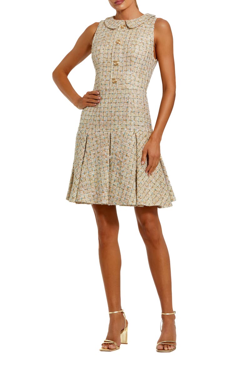 Sleeveless Boucle Mini Dress with Soft Pleats, Main, color, Gold Multi