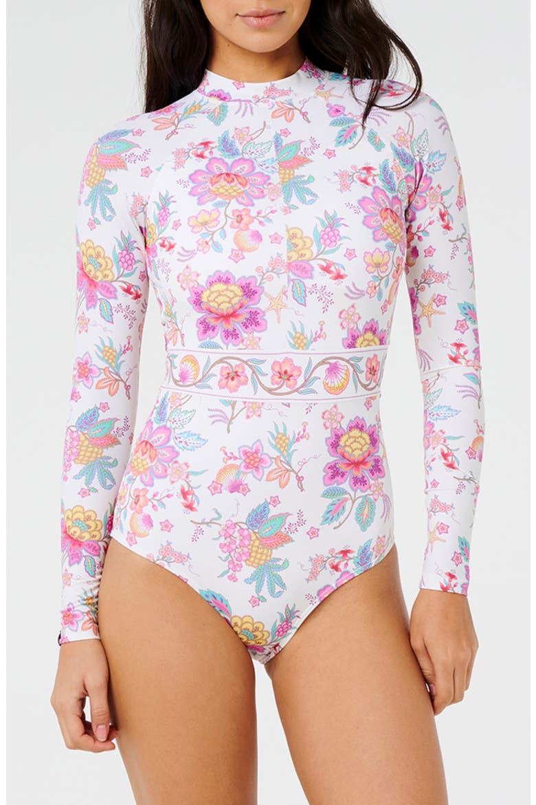 Half Moon Bay Long Sleeve One-Piece Rashguard Swimsuit, Main, color, BONE