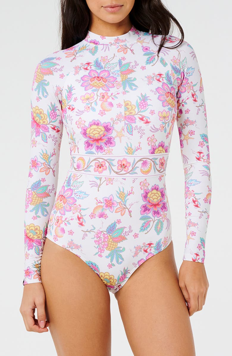 Rip Curl Half Moon Bay Long Sleeve One-Piece Rashguard Swimsuit, Main, color, Bone